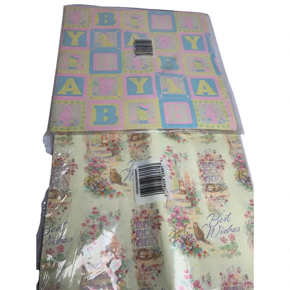 Vintage Gift Wrap Set Baby Shower Blocks & Wedding‎ Best Wishes Cats Floral 2pk